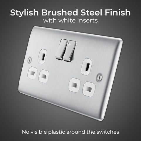 Double Switched 13A Brushed Steel Power Socket