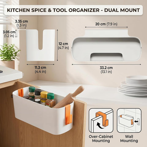 Lirynox 2-Pack Bedside Hanging Storage Baskets, Orange & Green ABS Plastic Bed Caddies with 4 Detachable Hooks, Tissue Holder & Space-Saving Organisers