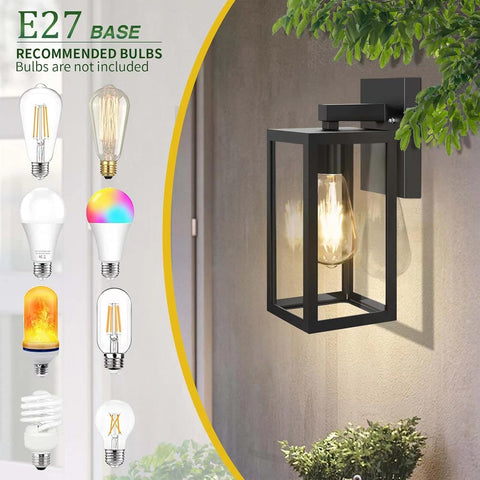 Outdoor wall light fixture with recommended bulbs displayed on a gray background