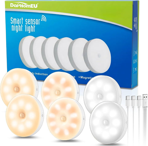 daphomeu 6 Pcs Motion Sensor Lights Indoor USB Rechargeable – LED Night Lights for Bedrooms, Kitchens, Cabinets & Stairs - Let the Light Find You When You Need It