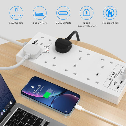 8 Way Extension Lead with 4 USB Ports (2 USB-C + 2 USB-A), 2m Cable & 1200J Surge Protection, 2990W White Power Strip – Bring Order to Your Busy Charging Corner