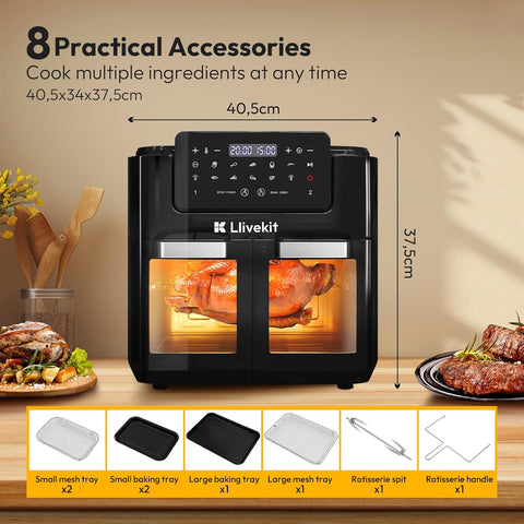 LLIVEKIT 15L Dual Air Fryer Oven – 2600W, 12-in-1, Rotisserie, SYNC Finish & Dual Cook, 8 Accessories, LED Touch Screen