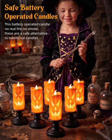 Halloween Ghost Pumpkin Led Candle Light, Halloween LED Candle Decoration 6Pack Battery Powered Halloween Table Decoration Indoor,LED Pumpkin for Window ,Flameless Pumpkin Candles for Halloween Party
