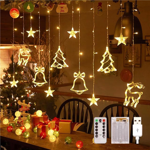 3.5M Colorful Christmas Window Curtain Lights – 130 LED Star & Ornament Fairy Lights