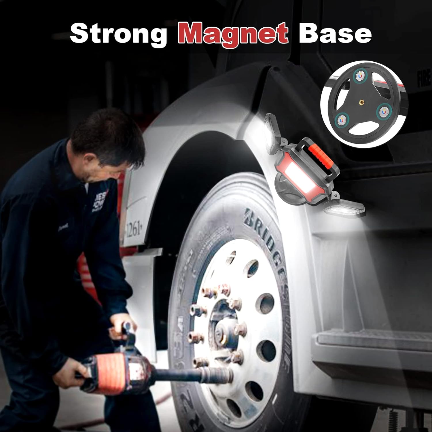 Person working on a tire with a tool, emphasizing a strong magnet base feature.
