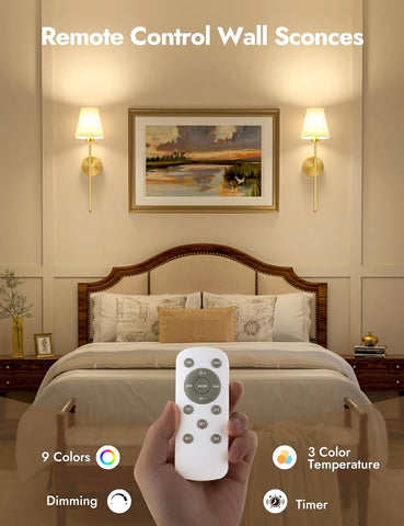 5200mAh Battery Operated Wireless Wall Lights Set of 2, 60CM Rechargeable Wall Lights with Dimmable Detachable Bulbs and Remote, 12-Color Wall Sconce Lighs for Bedroom Living Room Gold