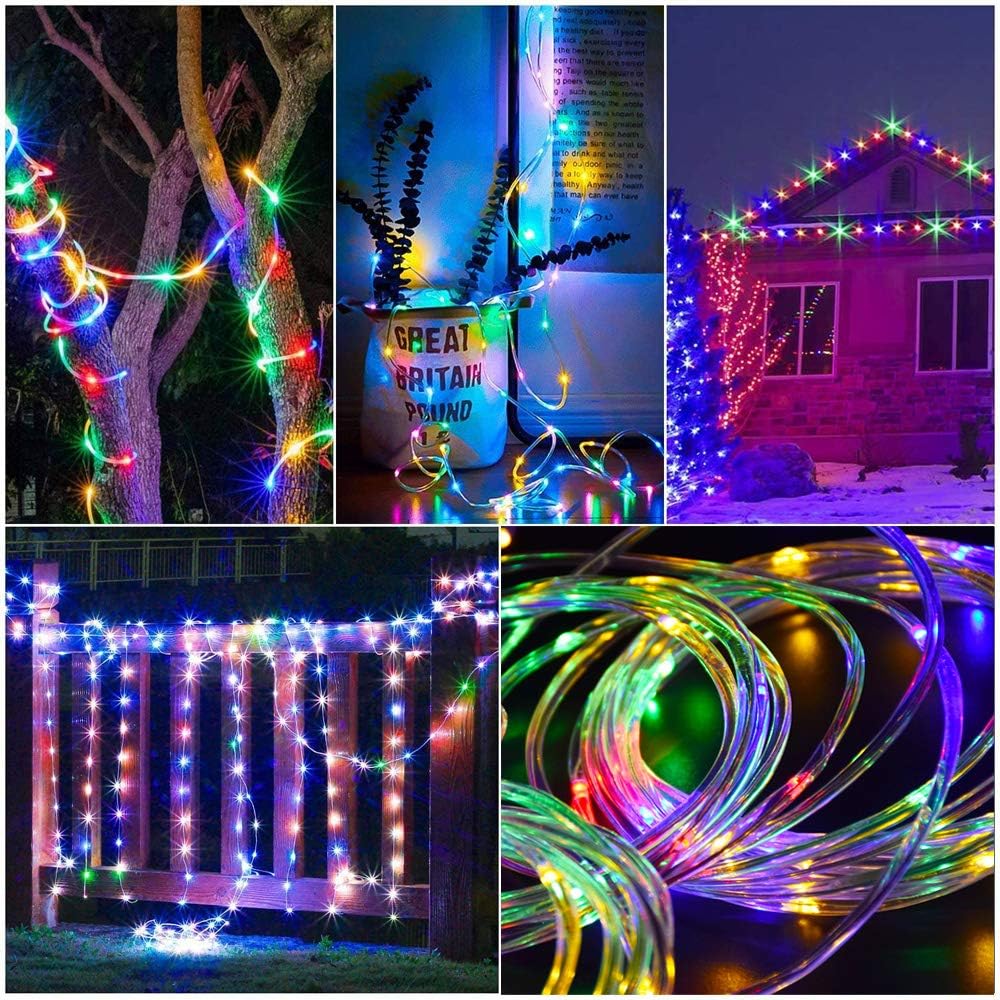 Collage of string lights in various settings including trees, windows, and fences.