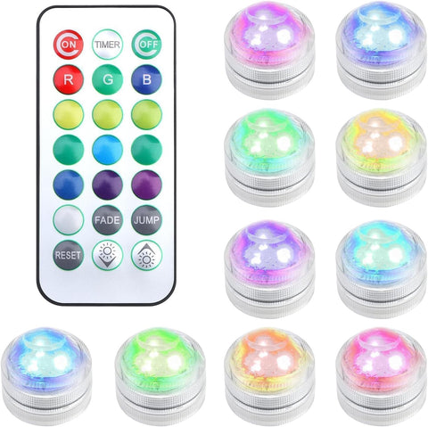10 Pack Mini Submersible LED Lights with Remote – Waterproof Battery Powered Colour Changing Underwater Lights for Vases, Ponds, Fountains & Events