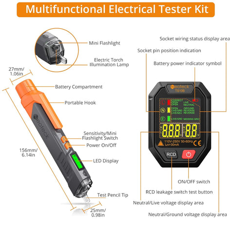 NEOTECK SOCKET TESTER WITH LCD DISPLAY & NON-CONTACT VOLTAGE TESTER PEN ORANGE 12-1000V AC DETECTOR KIT