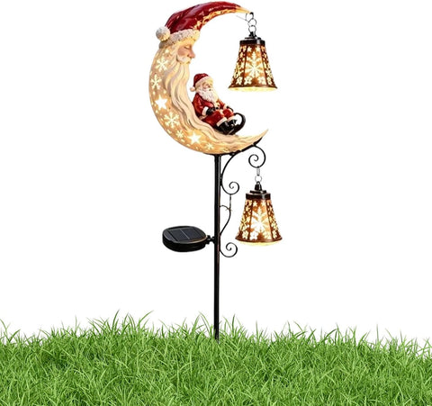 Solar Santa Claus Outdoor Christmas Resin LED Moon Lights with Lantern