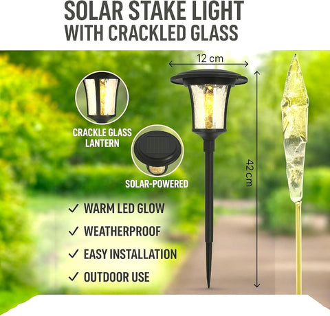 Black Solar Garden Stake Light Crackle Glass Lantern Warm LED Glow 42 cm Height Outdoor Pathway Yard Patio Lighting Weatherproof Easy Setup (2)