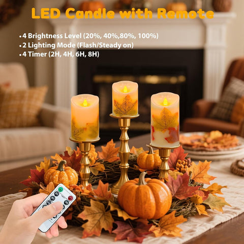 Halloween Flickering Flameless Candles, Set of 3 Candle Lamp with Remote Maple Leaf Battery Operated LED Candle with Timer, Real Wax Pillar Candles Lights Decor for Halloween Fall Thanksgiving Home