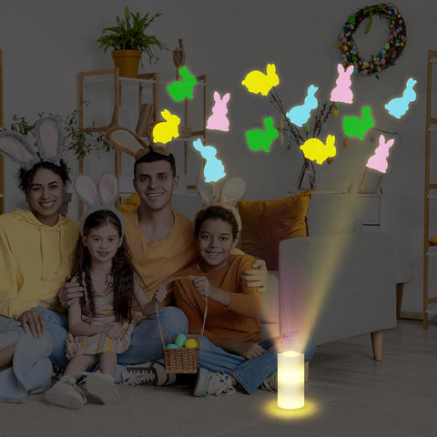 Easter Bunny LED Flameless Candle with Rotating Projector, Battery Operated Night Light with Remote & Timer for Spring Home Décor