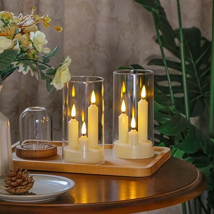 3 in 1 Flameless Taper Short Candles with 10 Key Remote Control and Timer, Battery Operated Pack of 2 LED Acrylic 7.5cm x15cm Ivory Pillar Flickering Warm Light