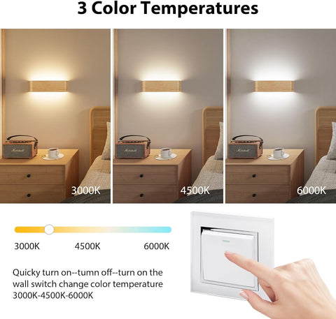 Indoor Led Wall Lights - 2 Pack 3000K/4500K/6000K Adjustable Color Temperature Wall Lights for Bedroom Living Room Kitchen Dining Room (2 Pack, Wood Grain)