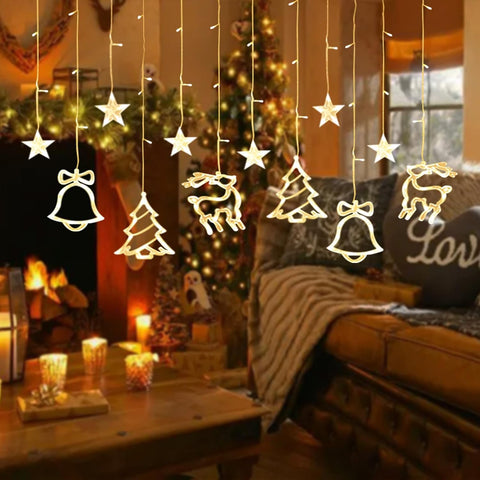 3.5m LED Christmas Curtain Lights – 120 Warm White Fairy LEDs with Hanging Stars, Reindeer, Bells & Trees - Turn Your Windows into a Little Christmas Wonderland