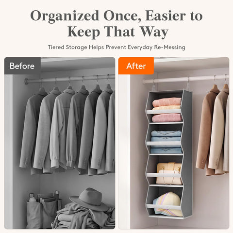 Lifewit 4-Tier Hanging Wardrobe Storage Organiser – Grey Foldable Closet Shelves with Clear PVC Window