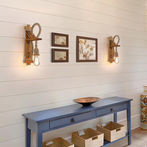 SEEBLEN Wall Sconces Set of Two Farmhouse Wooden Wall Sconce with Natural Hemp Rope,Boho Wall Lamps for Bedroom Beside Living Room Fireplace
