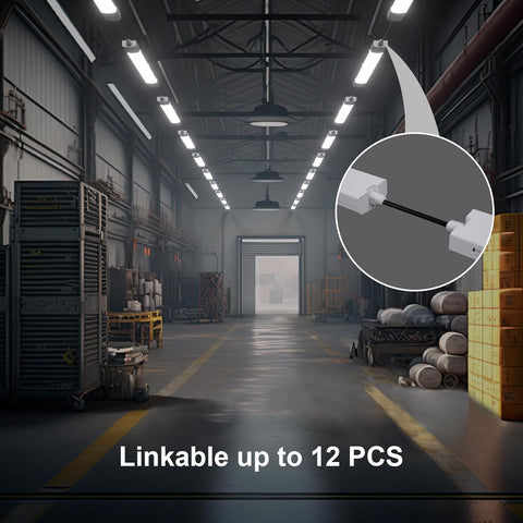 Warehouse interior with a focus on a light fixture and text indicating linkability up to 12 pieces.