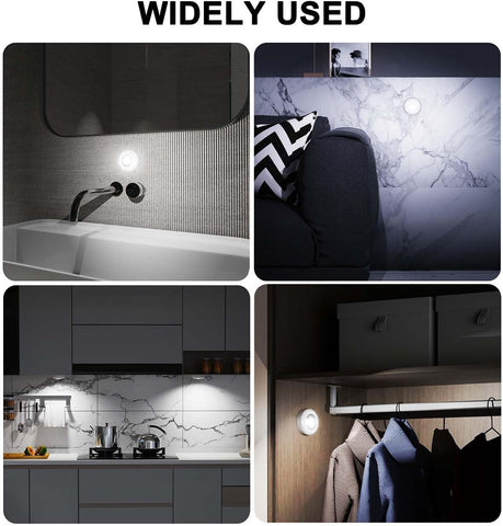 6 Pack Battery Operated Push Lights – Cordless LED Stick-On Lights for Cupboards, Wardrobes, Cabinets & Shelves - Brighten Dark Spaces Without Wires or Drilling