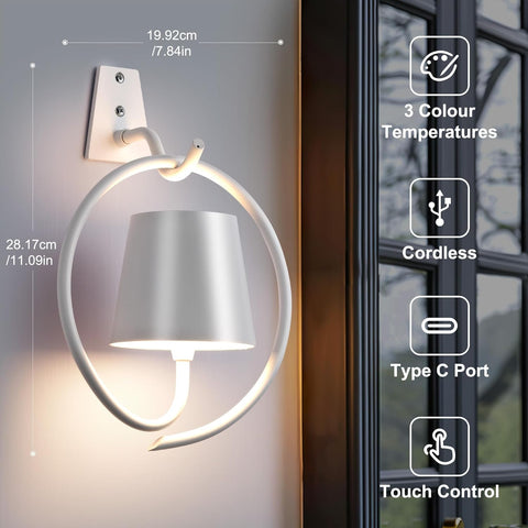 Battery Operated Wall Lights, 2 Pack Rechargeable Wall Light Indoor with 3 Color Temperatures, Dimmable Wireless LED Wall Lamps IP54 Waterproof Wall Sconce Lights for Bedroom, Living Room(White)
