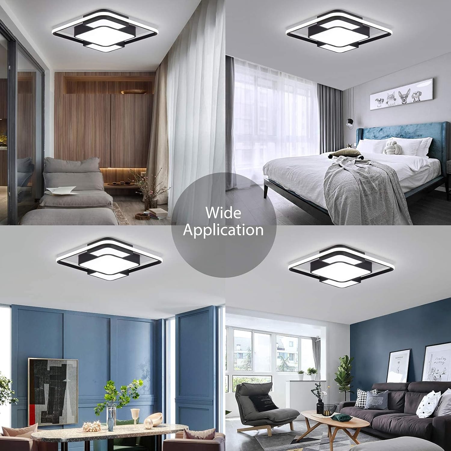 Modern ceiling lights in a bedroom and living room setting with 'Wide Application' text.