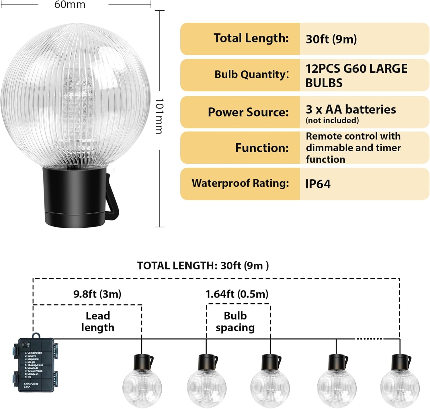 Festoon Lights Outdoor Battery Powered: 9m 30ft Waterproof Battery Fairy Lights 12pcs A60 Large LED String Bulb Light with Remote Control Decorative Lighting for Garden, Patio, Christmas
