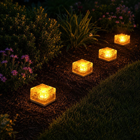 GWSOLAR Solar Ground Lights 4 Pack, Sodium-Style Warm Glow, 7cm Brick Ice Glass Design, Auto On/Off, IP65 Waterproof Outdoor Garden Lights for Pathway, Patio & Tabletop