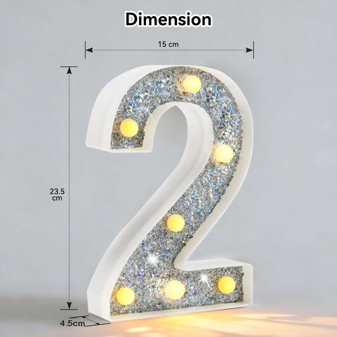 Silver Glitter Light Up Number 2 – 8.86 Inch LED Marquee Lights