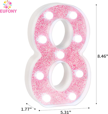 Pink Marquee Light Up Numbers, Glitter LED Number Lights Battery Powered for Girls 8th 18th Birthday Party Table Decorations, Wall Decor for Girls Room, Pink Number 8 Sign w/Cool White Lights