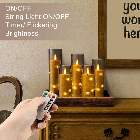 Flickering Flameless LED Candles with String Lights, Battery Operated Electric Candle Set of 5 with Remote Control & 24-Hour Timer for Home & Holiday Décor (Grey)