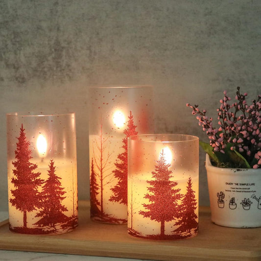 Christmas Tree Glass Flameless Candles with Remote and Timer, Battery Operated LED Christmas Candles Flickering for Home Decoration Gift (4” 5” 6” Set of 3)