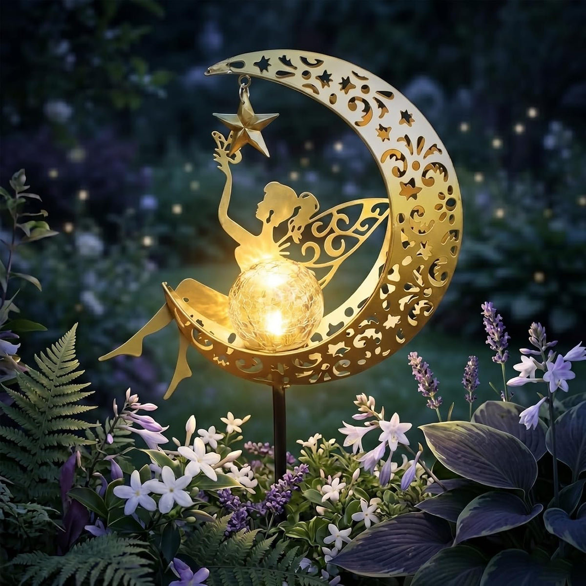 Solar Lights Outdoor Garden, Solar Moon Fairy Lights with Crackle Glass Globe, Garden Ornaments Lights Solar Powered Waterproof for Patio, Yard, Pathway & Lawn, Unique Gardening Gifts for Women