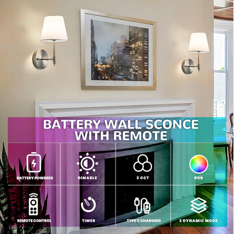 Brushed Nickel Battery Operated Wall Sconce Set of 2 with Remote