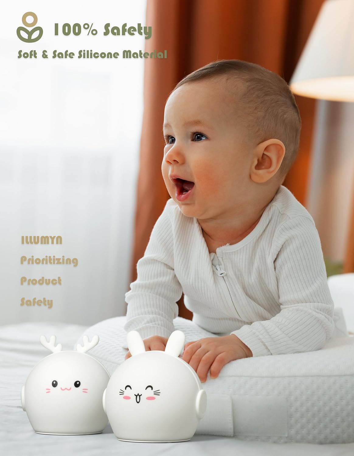 Baby holding two white rabbit-shaped night lights with safety text above