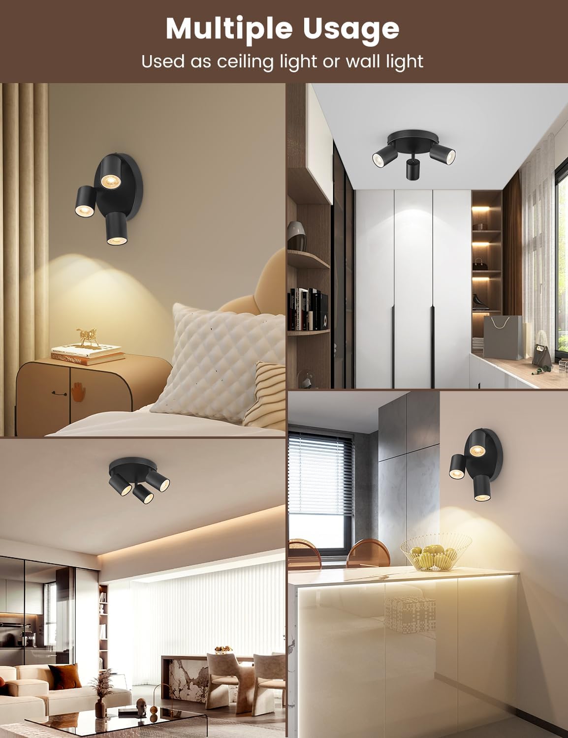 Light fixture used as ceiling and wall light in various indoor settings.