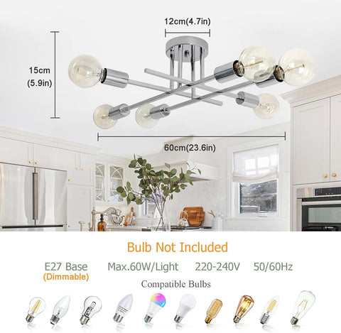 Ceiling light fixture with measurements and compatibility details in a kitchen setting