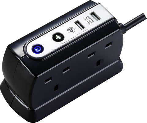 Masterplug Heavy Duty Four Socket Surge Protected Extension Lead with 2 USB Ports, 1 Metre, Black