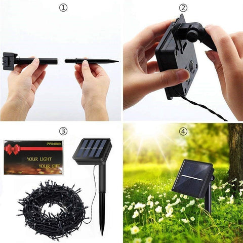 Collage of solar light components and their usage, including a solar panel, string lights, and outdoor setup.