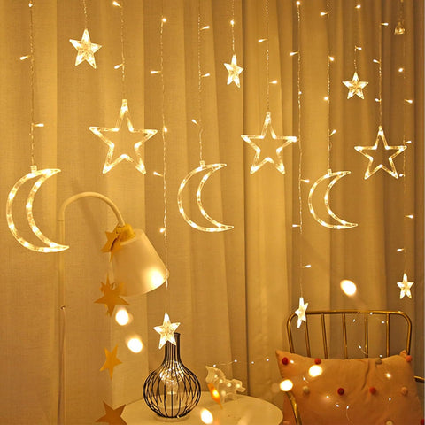 Ramadan Star Moon LED Curtain Lights – 3.5M Warm White String Lights with 8 Flashing Modes, USB & Battery Powered for Indoor and Outdoor Decoration