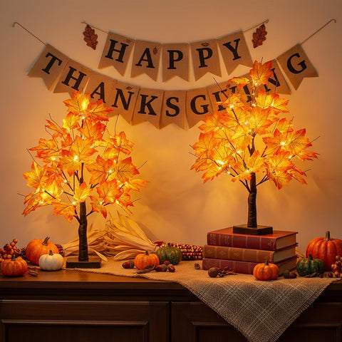2 Pack 22" Lighted Maple Tree Fall Decor, Fall Tree with Lights Thanksgiving Decorations,24 LED Artificial Tree Battery Operated Centerpiece Table Decorations for Home Party Autumn Decor