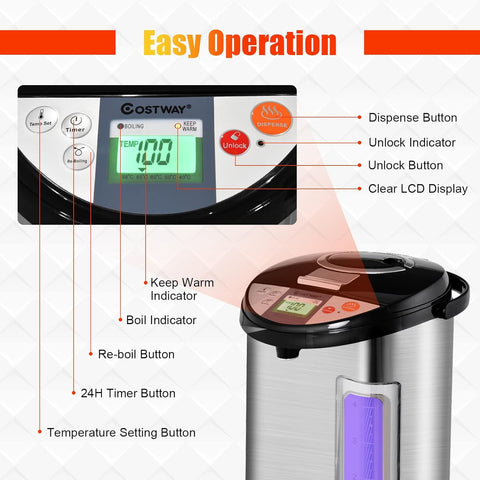 COSTWAY 5L Instant Hot Water Dispenser – 5 Temperature Settings, 3 Dispensing Methods, Rotating Base, Timer & Auto Shut-Off