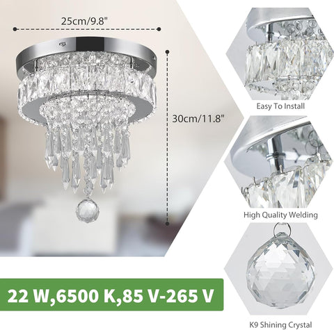 Crystal LED Ceiling Light Chandelier Flush Mount Fixture 25cm 22W