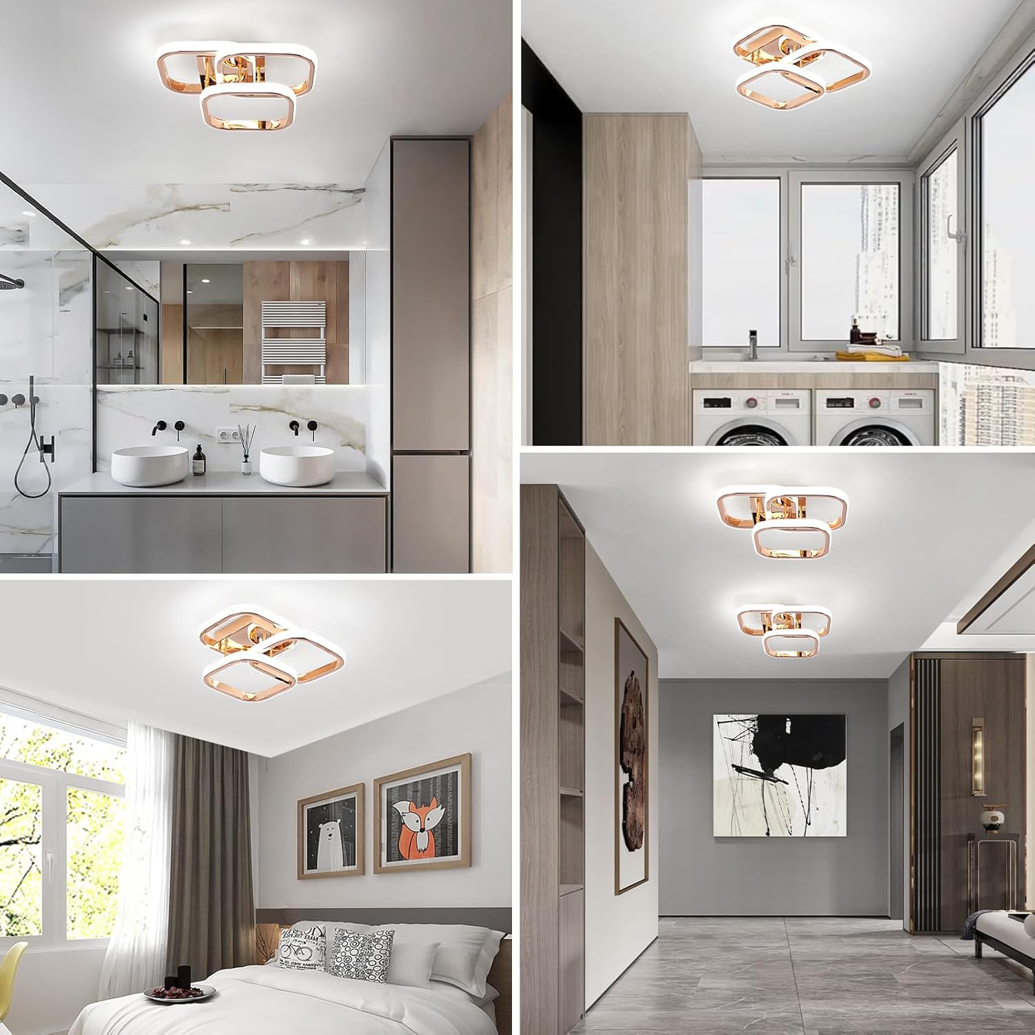 Collage of modern interior design elements including ceiling lights, bathroom, kitchen, and bedroom.