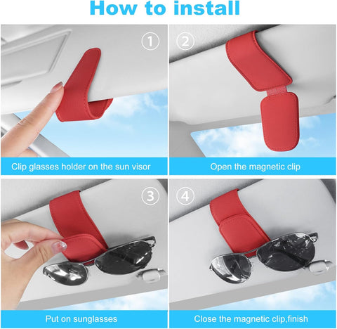 Magnetic Leather Sunglasses Holder for Car Visor – Red