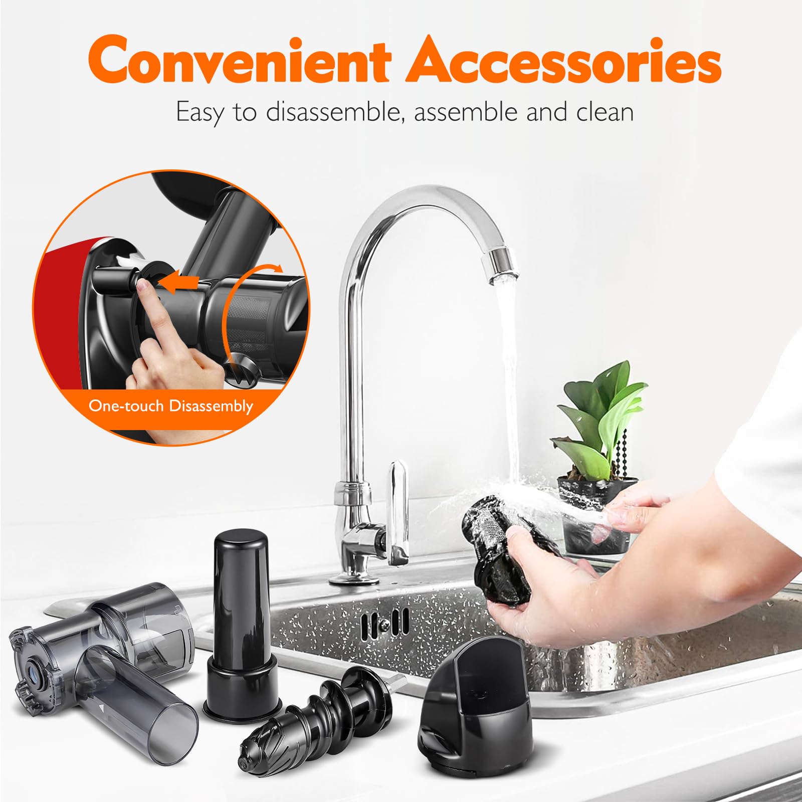 AMZCHEF Juicer Machines - Cold Press Slow Juicer - Masticating Juicer for Whole Fruits and Vegetables - Delicate Chew No Need to Filter - BPA Free Juice Extractor with 2 Cups and Brush - Black