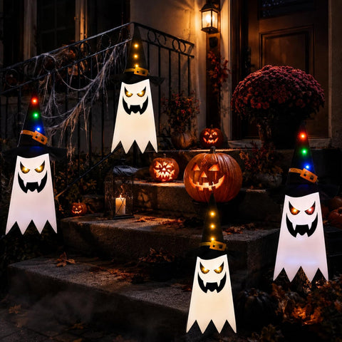 Mepham Halloween Hanging Light Up Ghost Decorations with Wizard Hats – 3 Light Modes for Indoor & Outdoor Garden, Door & Porch Displays