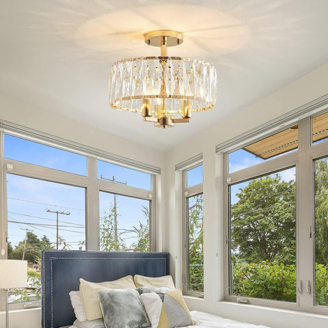 K9 Crystal Semi Flush Ceiling Light, Gold Finish, 3-Light Fixture