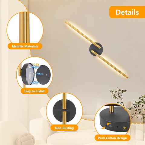 Rechargeable Gold Wall Sconce Lights Set of 2, 77cm, Remote Control