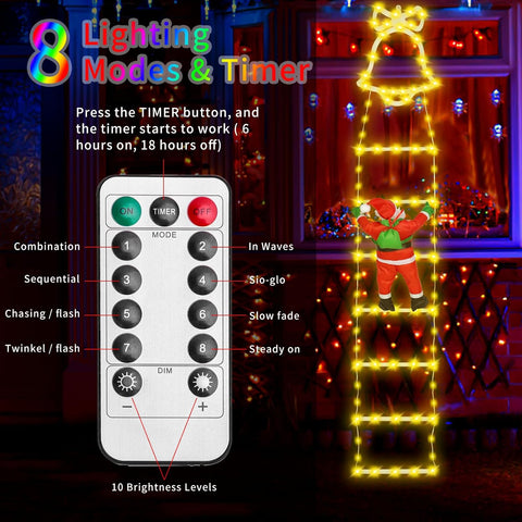 Santa Claus LED Ladder Lights Warm White, 8 Modes Christmas Decoration